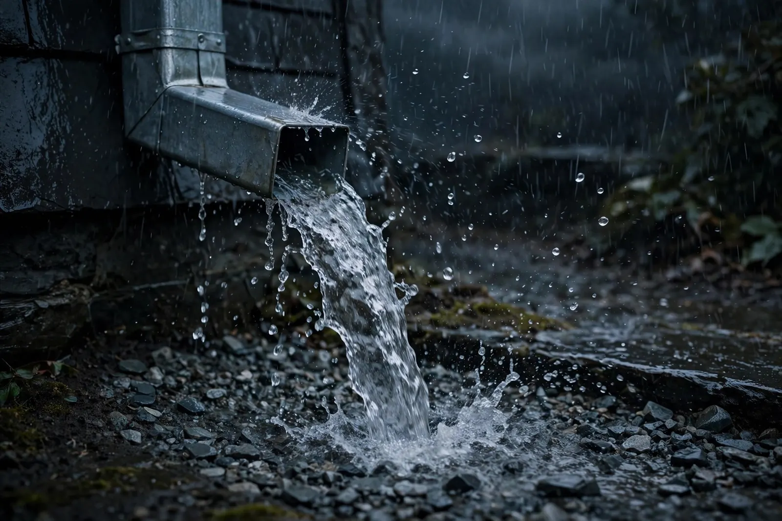 Water pouring from a downspout into a drain during rain