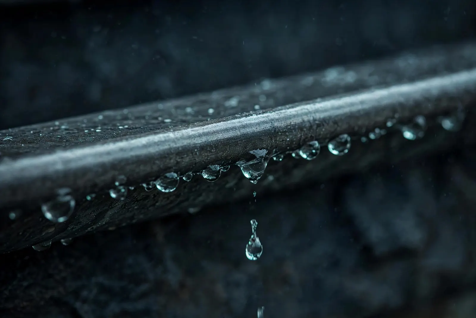 Raindrops beading on a gutter edge