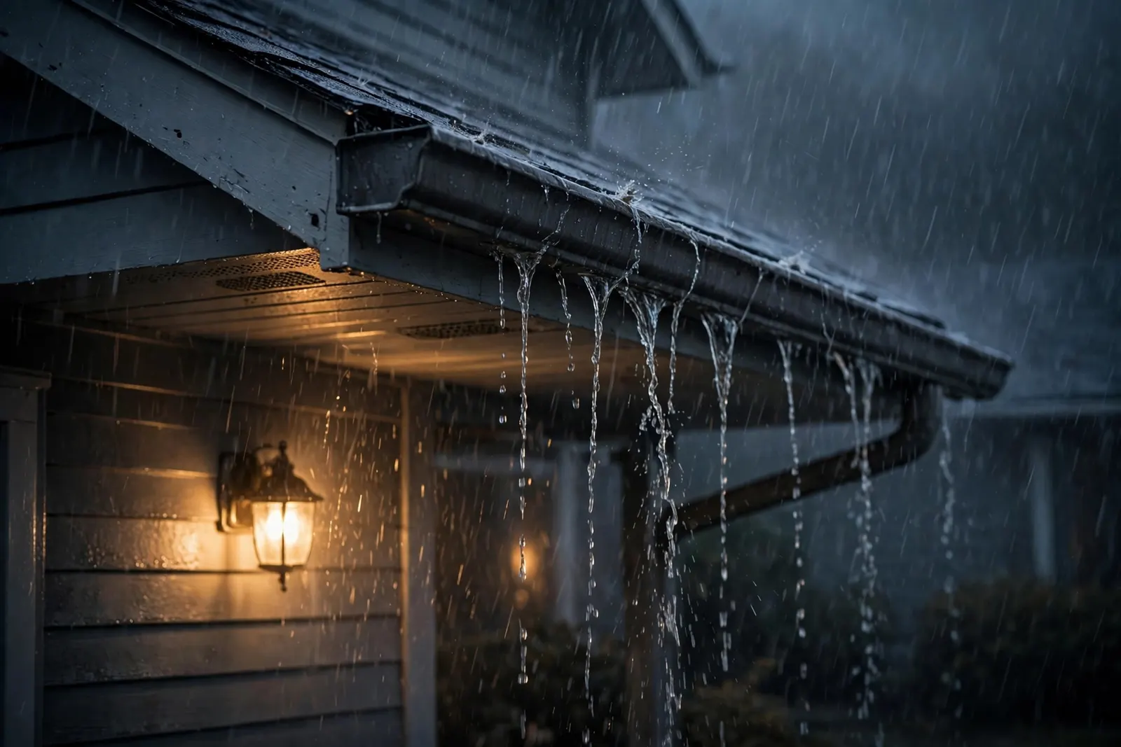 A house eave with a dark gutter during steady rain