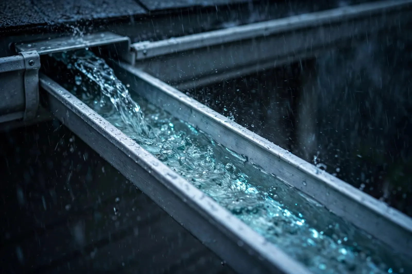 Rainwater flowing through a clean aluminum gutter channel
